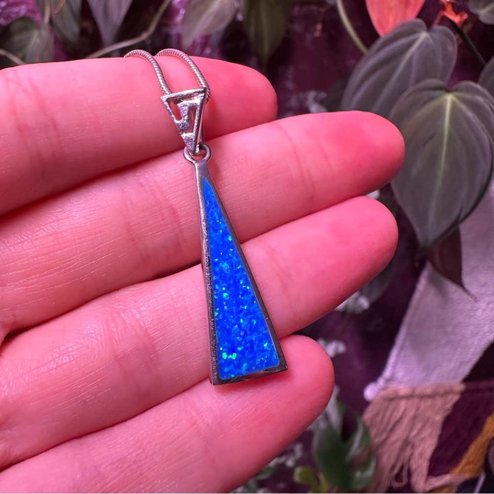 Vintage Sterling Silver Blue Opal Geometric Pendant Necklace 925 Minimalist